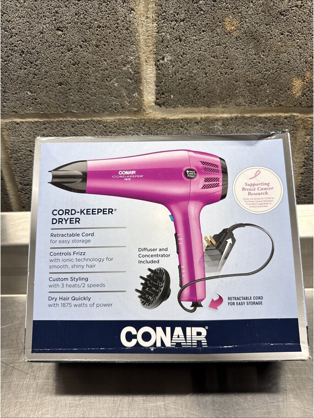 Conair Hair Dryer 1875W Retractable Cord | New Open Box | Diffuser + Concentrato